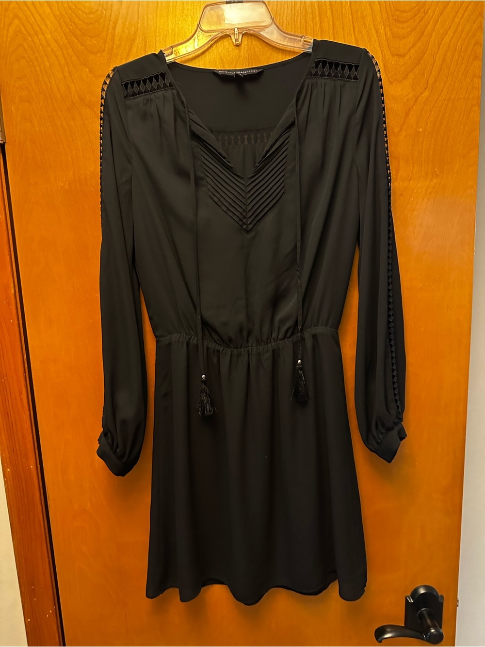 White House Black Market Black Long-Sleeve Tassel V-Neck Dress